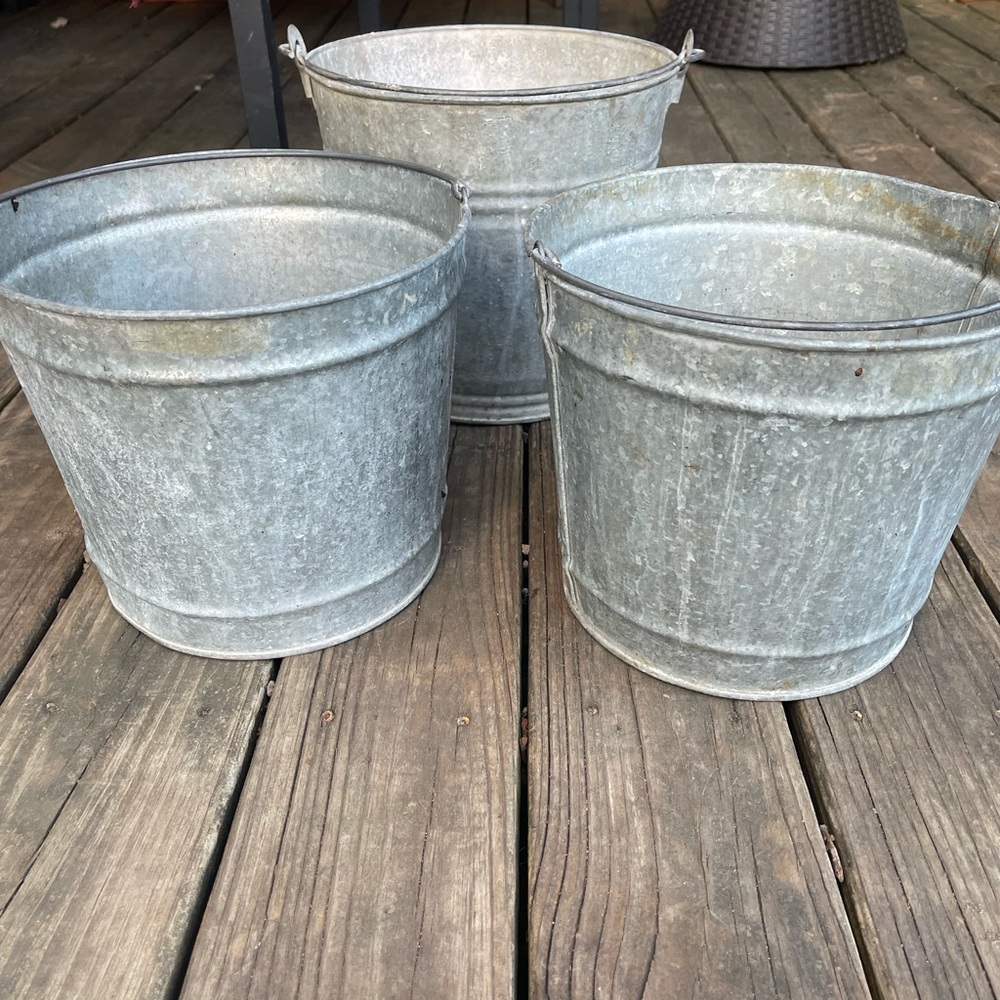 Set/3 Vintage Galvanized Metal buckets Pot w/ Handles, Primitive Rustic Farm Dec